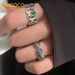 Cluster Rings QMCOCO Vintage Rose Flower Zircon Open Finger Heart For Women Girl Fashion Adjustable Daily Party Trendy Jewelry Gifts