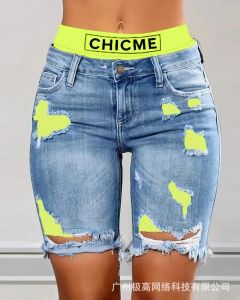 Jeans Fake Twopiece Letter Print Ripped Raw Hem Denim Shorts Women Spring Summer High midjebyxor