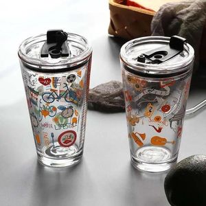 Mugs 450ml Lovely Travel Transparent Glass Coffee Creative Printed Mug With Straw Milk Juice Tea Reusable Graduated Cup Drinkware Set