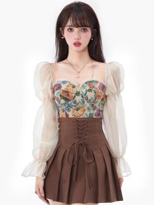 Dresses Evening Party Fashion Suits 2022 Summer Dress Set Women Elegant Blouse Y2k Crop Top Vintage Corset Tops + Mini Skirts 2 Piece