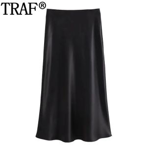 스커트 TRAF 2024 여성을위한 새틴 긴 스커트 High Waist Black Skirt Fall 세련되고 우아한 여성 스커트 세련된 여자 미디 스커트