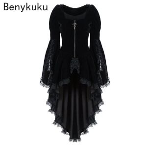 Dress Women Gothic Long Sleeve High Low Dress Lace Stitching Velvet Tuxedo Medieval Aristocratic Ladies Vampire Lolita Cosplay Costume