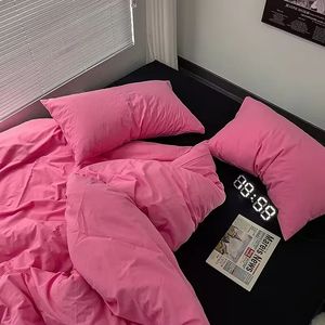 韓国スタイルの寝具セットキッドアダルトツインフルクイーンサイズベッドフラットシートソリッドカラー羽毛布団カバー枕カバーリネンなし240226
