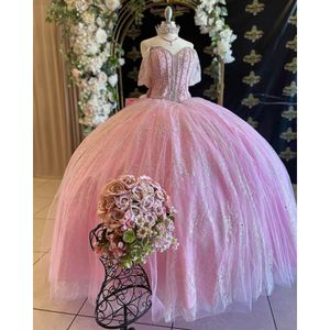 Pink Glitter Crystal Beading Ball Gown Quinceanera Dresses Spaghetti Straps Sequined Lace Bow Corset Vestidos De 15 Anos