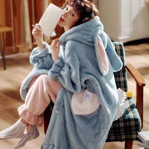 Women's Sleepwear Sweet Cartoon Long Ears Rabbit Flannel Nightgowns Women Plush Robe Kawaii Hooded Nightdress Coral Fleece Pajamas Set