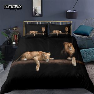 Zestaw luksusowy 3D Animal Tiger Lion Print Home Home Home Confort Duvet Cover Set Posolcase Pedding Set Queen and King EU/US/AU/Wielka Brytania Sheer Curtains