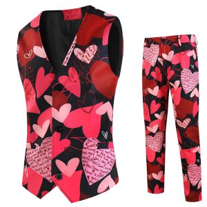 Suits Mens Valentines Day Printing Fashion Casure Party Cosplay Dress Up Suit Vest Pants Two Piece Suit Mens Roaring 20s Costume