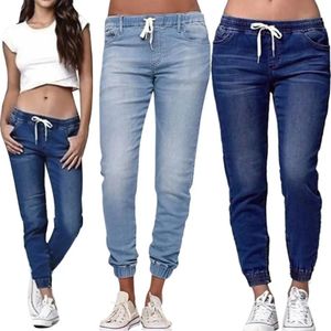 Mulheres cor sólida cordão tornozelo gravata magro elástico jeans plus size calças jeans den 240227