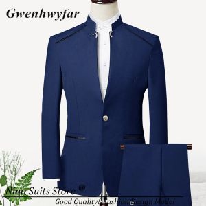 Anzüge GN 2024 Neue Ankunft Männer Anzüge Navy 2 Stück Schulter Tasche mit Schwarz Trim Gold Knopf Blazer Hosen für formelle Party Bräutigam