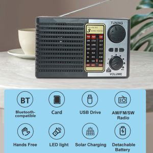 Radio Radio portatile AM FM SW Wireless Bluetooth 5.0 Torcia Radio di emergenza Radio solare alimentata a batteria Torcia Avviso SOS multibanda