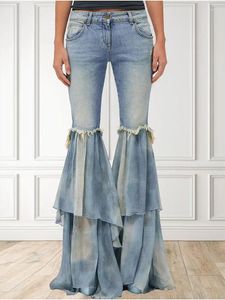 Jeans da donna Donna Denim Flare Moda Luce lavato Nappa Impiombato Pantaloni con volant a strati Pantaloni autunno casual vintage High Street