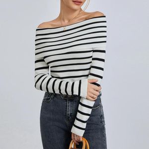 Women's T Shirts Spring Autumn Off Shoulder Slim Fit T-shirts Women Backless Crop Tops Classic Ccasual Striped Long Sleeve Pullovers