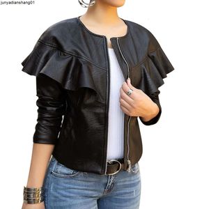 Black Faux Leather Bomber Jacket Women Long Sleeve Zipper Ruffle Shrug Motorcycle Slim Short Coats and Jackets Outerwear