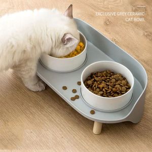 供給猫食品水フィーダー猫ダブルボウルスタンドと一緒にセラミックダブル飲料皿ボウル木製ラックペット食品食品トレイ