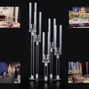 Bröllopscentrum Akryl 5 Arms Candelabra för fest- och Mariage Decoration Clear Candle Holders