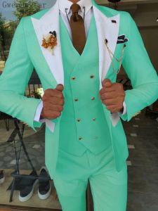 スーツGwenhwyfar Mint Green Groom Male Wedding Prom Suit Slim Fit Tuxedo Mensフォーマルビジネスワークウェアスーツ3PC（ジャケット+パンツ+ベスト）