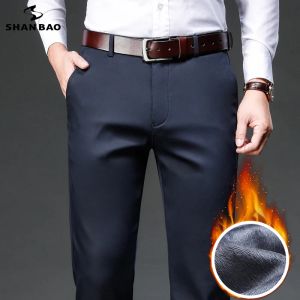 Spodnie Shan Bao 2021 Zimowa marka polarowa grube ciepłe dopasowanie proste spodnie Business Casual Men's High talia Class Classic Pants