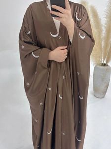 Этническая одежда Лунная вышивка Атласная мусульманская Абая для женщин Платье Ид Марокко Рамадан Абаяс Кафтан Ислам Свободный кардиган Дубай Арабский длинный