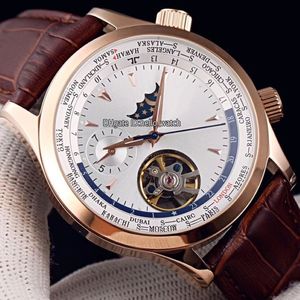 Ny 42mm Master Control World Geographic Q1522420 Vit Dial Automatic Mens Watch Moon Phase Tourbillon Rose Gold Case Läder STR299Y