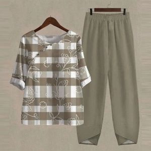 Capris 2PCS/SET ONECK HALF SLEEVE DISC BOTTONS MIDRISE ELASTIC BAND TOP PANTS SET FLOLLAL PLAID PRINT WIDE LEGPANTS OUTFIT