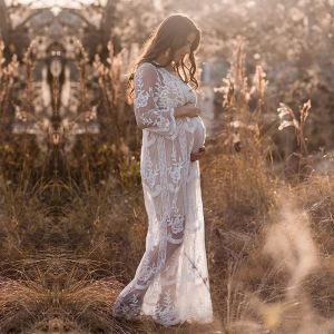 Dresses SMDPPWDBB Lace Maternity Dress for Photography Boho Women Maxi Dress Loose Embroidery White Lace Gown Long Tunic Beach Dress