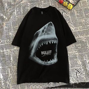 メンズTシャツショーツシャークプリントTシャツサマートビーチショーツコットンTシャツカジュアルシャツ女性用Tシャツトップヒップホップストリートウェアショーツ