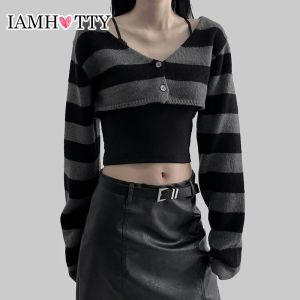 Cardigans IAMHOTTY Street Style Super Short Striped Sweater Cardigan Women Vintage Casual Button Up Knitted Jacket Korean Fashion Knitwear