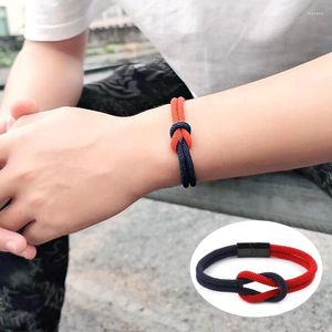 Link pulseiras homens dupla camada atada corda pulseira para mulheres preto aço inoxidável silder ímã fivela fecho infinito casal jóias