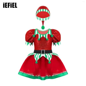 Girl Dresses Kids Girls Christmas Elf Cosplay Costume paljetter Pompoms Prydd Mesh Tutu Dress with Hat