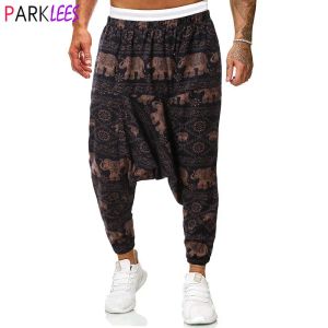 Pants Men's African Print Baggy Genie Boho Yoga Harem Pants Cotton Low Crotch Joggers Sweatpants Hip Hop Hippie Traditionella byxor