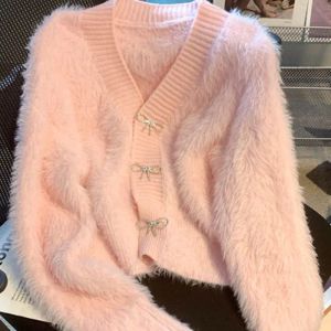 Cardigans fluffig imitation mink päls cardigan för kvinna skörd stickad mode kappa kvinnors stickade tröja bowknot strass knapp ytterkläder