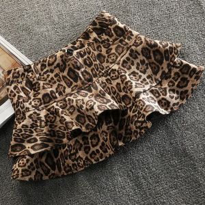 HOUZHOU Sexy Leopard Print Mini Skirt for Women Y2k Vintage Streetwear Harajuku High Waist Slim Ruffle with Shorts Korean 240227