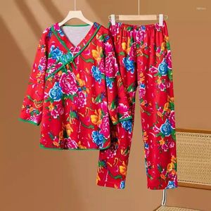 Kvinnors tvådelade byxor 2024 Spring Autumn Northeast Big Flower Set för Women Shirt och Fashion National Style Top Casual Outfits Z4978