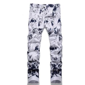 Calças de brim brancas retro calças de ajuste fino dos homens denim doodle grande bolso carga calça hip hop para o sexo masculino