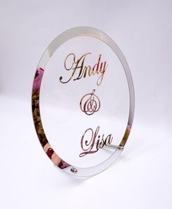 Quadro redondo personalizado do espelho do nome do casamento adesivo acrílico babyshower palavra sinal círculo forma festa decoração placa com nail9681381