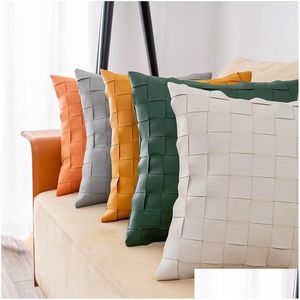 Cushion/Decorative Pillow Pillow Home Decoration Faux Leather Er Green Orange Brown Black 45X45Cm Woven For Couch Sofa Chair Living Ro Dheks