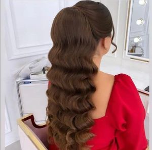 Celebridade baile de formatura rabo de cavalo penteado longo ondulado marrom claro solto ondulado #4 envolve extensões de peruca de rabo de cavalo 140g 160g