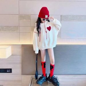 Young Girls Hooded Sweater Drawstring Love Printing Pullover Loose Causal Spring Korean Fashionable Mid-length 5-12 Yrs 240301