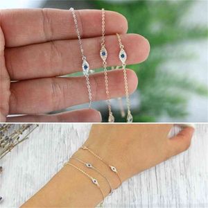 100% 925 sterling silver cute lovely blue white cz evil eye link minimal delicate thin chain women girl adorable bracelet278E