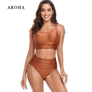 Swimwear AROHA High Waist 2 Piece Bikini Tummy Control Push Up Pads for Swimsuit Tankini Swimwear Women 2023 Big Beachwear Free Shipping