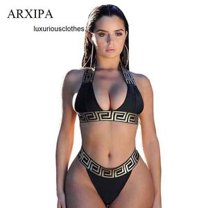 2024 Kvinnors badkläder arxipa sexiga bikini -uppsättningar för kvinnor bandage baddräkt skörd topp badkläder thong baddräkt högskuren strandkläder fast tryck nytt bate tankini