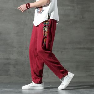 Pants 2023 Men's Cotton and Linen Printed Leggings Trousers Chinese Retro Harem Lace Jogging Pants Men's Sports Fitness Hiphop Pants