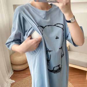 Dresses Plussize Bear Pattern Print Long Dress Maternity Cotton Pure External Wear Straight Nursing Dress Women's Clothing Summer 2021