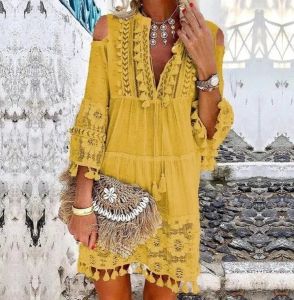 Abito da spiaggia Boho pizzo bianco moda Eu Boho mini abito donna autunno pop nappa abiti larghi con scollo a V Lady Beach abbigliamento femminile