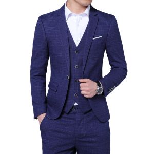 Suits Blazer Vest Pants Groom Wedding Dress Business Casual Plaid Suit Mens Formal Workwear Social Ball Slim Fit Tuxedo Suit Male