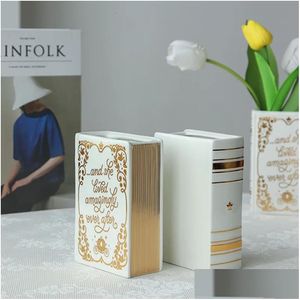 Dekorativa objekt Figurer Dekorativa objekt Figurer Luxury Ceramic Gold Book Vase Nordeuropeiska moderna blomma Vasetable We DHR5F