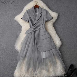 Grundläggande avslappnade klänningar Spring Elegant Short Sleeve notched-Lapel Pure Color Lace Panele Long Maxi Dress Casual Dresses W0716T9748 240302