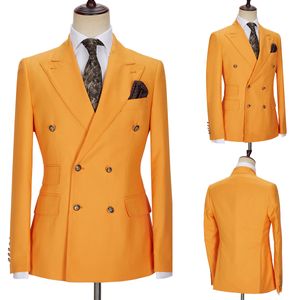 ファッション結婚式の男性スーツタキシードオレンジグルームウェアフォーマルスーツカスタムサイズピークラペル3ピ​​ースブレザー+ベスト+パンツ