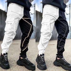 Calças dos homens casuais preto branco retalhos carga calças soltas plus size listrado multi bolso jogging esportes fitness hip hop jogger calças