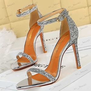 Sandalet Kadınlar Yaz Platformu Sandalet 10cm Yüksek Topuklu Silver Bling Pullar Ayak Bileği Strappy Sandles Lady Düğün Partisi Parti Parti Ayakkabıları T240302